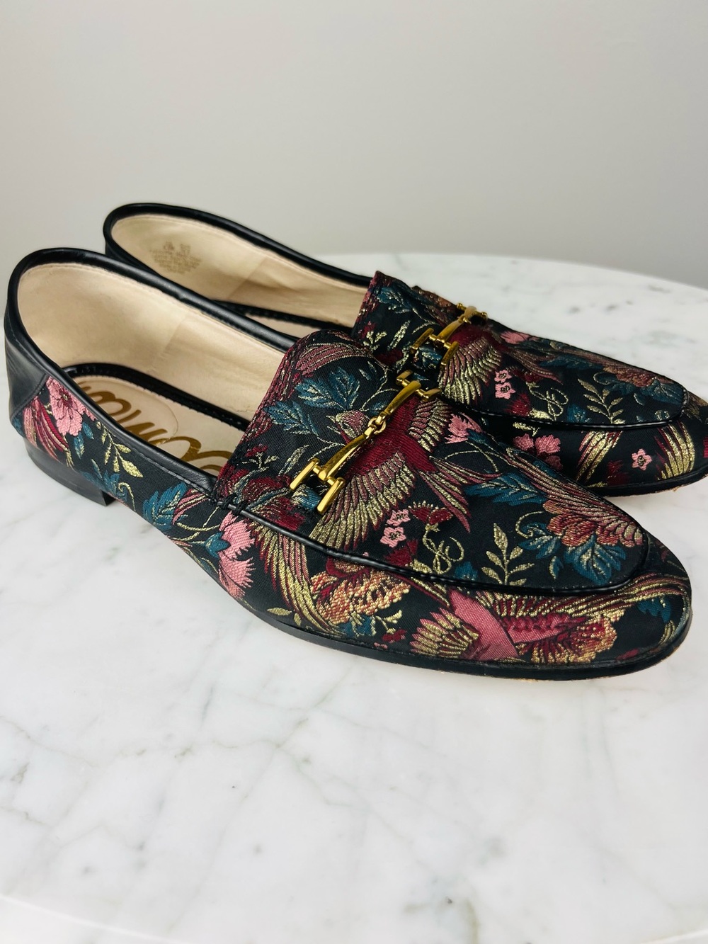 Sam Edelman Loraine Bit Loafers Women’s 9.5 – Metallic Floral Bird Tapestry